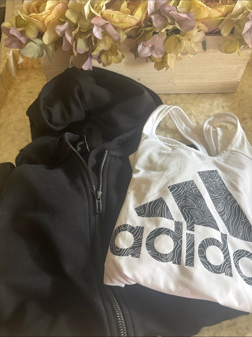 adidas White Logo Tank with Black Hoodie Layer